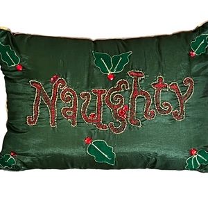 Naughty or nice silky, red and green occasional christmas reversible pillow